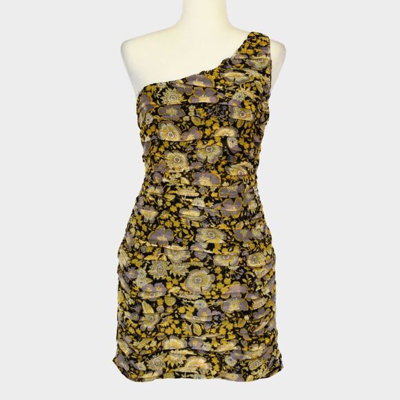 ZARA Women's Floral Gold Metallic One Shoulder Ruched Mini Dress Size M - Picture 1 of 8